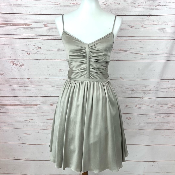 Banana Republic Taupe Brushed Silk Ruched Sleeveless Retro Flare Pocket Dress - Picture 1 of 15